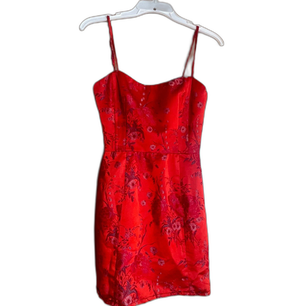 Nanette Lepore Red Floral Jacquard Mini Dress Spaghetti Strap Qipao Style Size 2